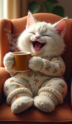 Открытка «С добрым утром»: С добрым утром! Милый кот, кофе и уют.. Тэги: кот, животное, пожелание, отличное настроение…