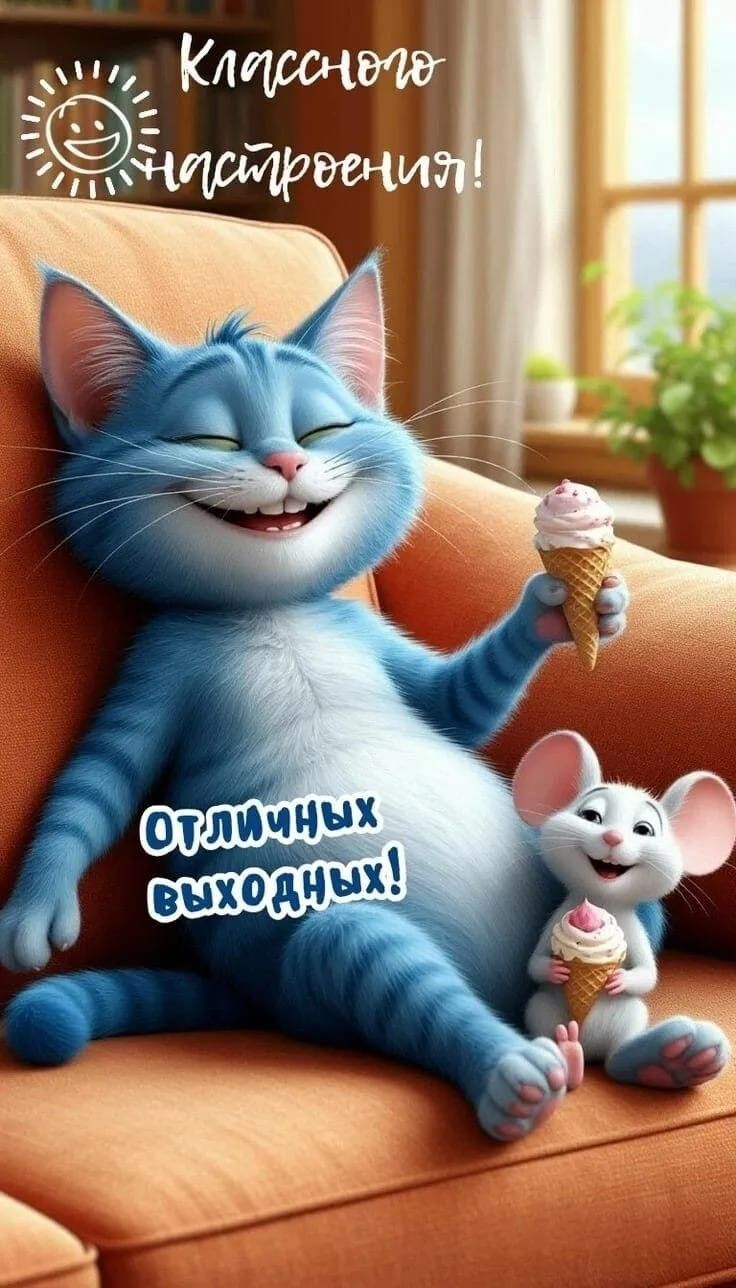 Открытка «С добрым утром»: Доброе утро! Отличных выходных и классного настроения!. Тэги: кот, животное, пожелание…