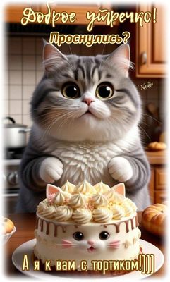 Открытка «С добрым утром»: Доброе утро: кот с тортиком для лучшего дня!. Тэги: кот, животное, пожелание, позитивная…