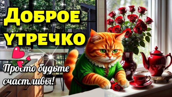 Открытка «С добрым утром»: Доброе утречко: милый кот, розы и счастье!. Тэги: кот, животное, пожелание, прикольная…