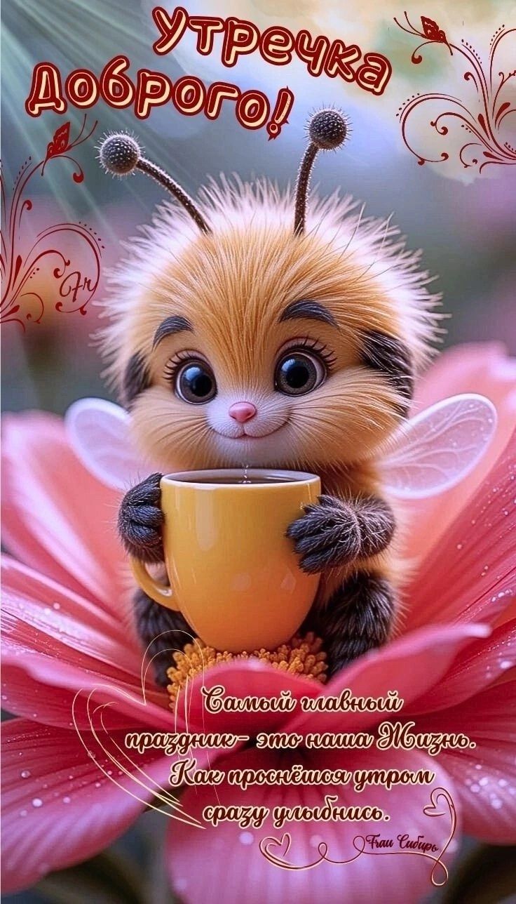 Открытка «С добрым утром»: С добрым утром! Пушистый малыш с кофе и улыбкой.. Тэги: животное, пожелание, позитивная…