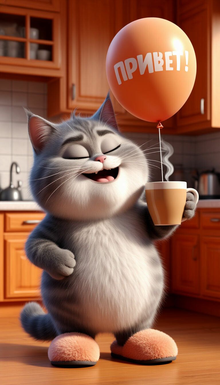Открытка «С добрым утром»: Пушистый привет: Доброе утро с улыбкой и кофе!. Тэги: кот, животное, пожелание, юмор…