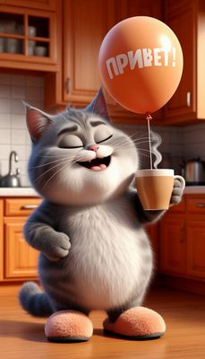 Открытка «С добрым утром»: Пушистый привет: Доброе утро с улыбкой и кофе!. Тэги: кот, животное, пожелание, юмор…