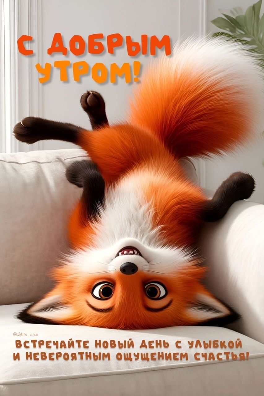 Открытка «С добрым утром»: Забавный лисенок: С добрым утром и счастьем!. Тэги: животное, пожелание, позитивная…