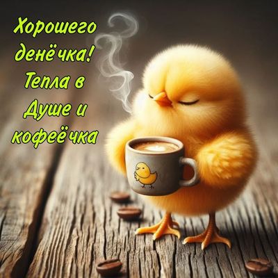 Открытка «С добрым утром»: С добрым утром! Милый цыпленок с кофе и теплом в душе. Тэги: пожелание, позитивная, хороше…