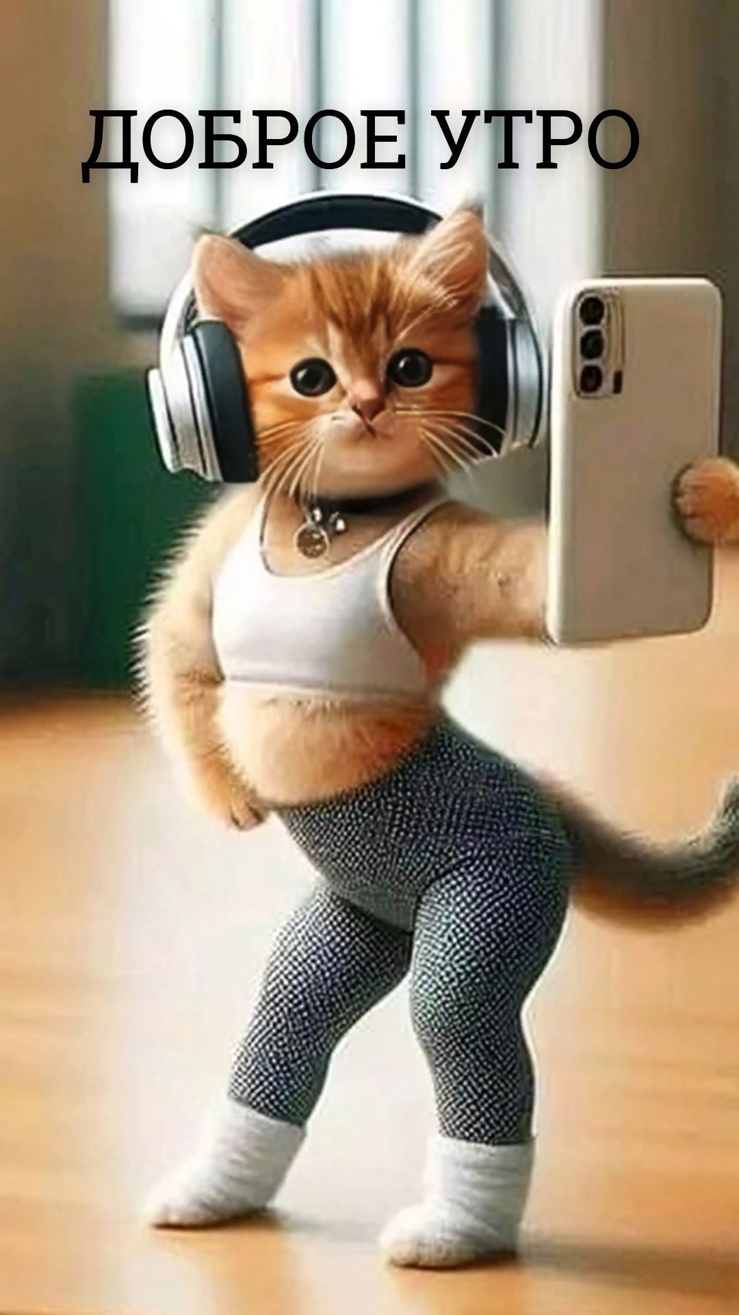 Открытка «С добрым утром»: Доброе утро: Котик-спортсмен на селфи. Тэги: кот, животное, пожелание, позитивная, юмор…