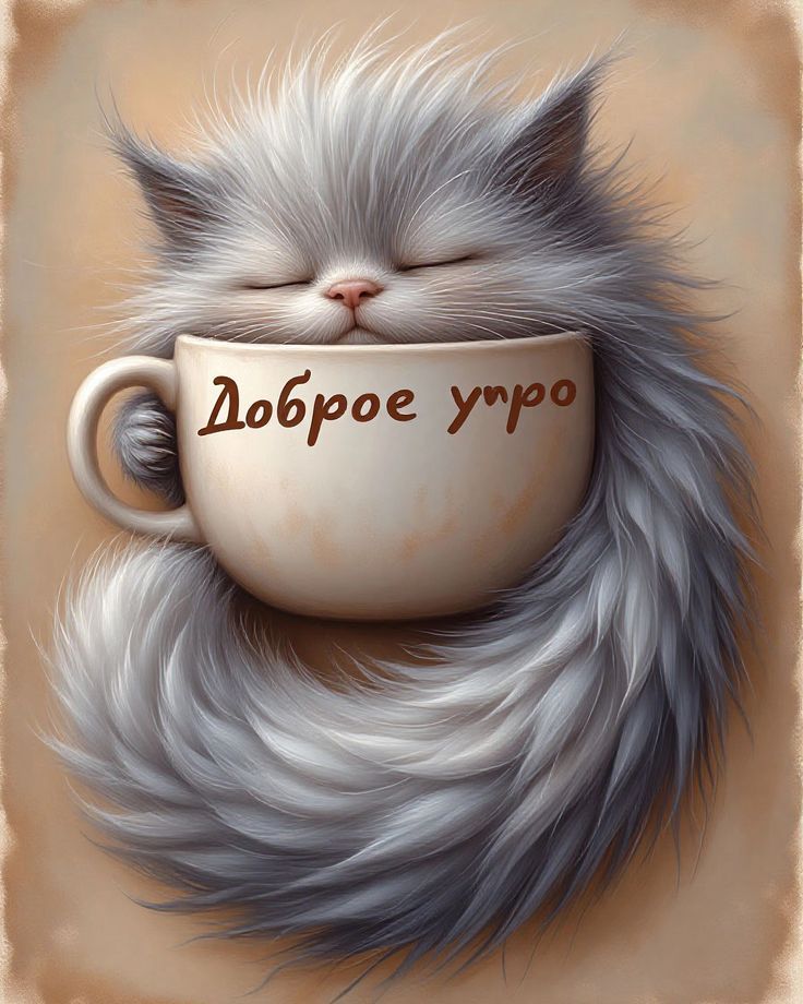 Открытка «С добрым утром»: Нежное доброе утро: котёнок в чашке. Тэги: кот, животное, пожелание, позитивная, хорошего…