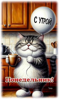 Открытка «С добрым утром»: Доброе утро, Понедельник! Котик с кружкой кофе.. Тэги: кот, животное, пожелание, позитивная…