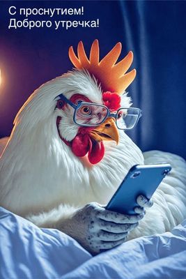 Открытка «С добрым утром»: Забавное утро с петухом в очках. Тэги: животное, пожелание, позитивная, юмор, прикольная…