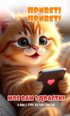 Открытка «С добрым утром»: С добрым утром! Милый котёнок желает счастья. Тэги: кот, животное, пожелание, позитивная…