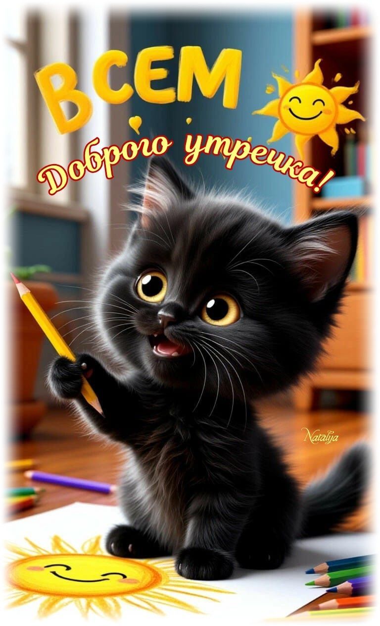 Открытка «С добрым утром»: Доброго утра! Милый котёнок с карандашом и солнцем. Тэги: кот, животное, пожелание, позити…