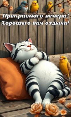 Открытка «С добрым утром»: Доброе утро: кот, птицы и весенние цветы. Тэги: кот, животное, пожелание, хорошего дня…