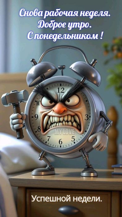 Открытка «С добрым утром»: Злой будильник: доброе утро, понедельник!. Тэги: пожелание, позитивная, юмор, прикольная…