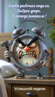 Открытка «С добрым утром»: Злой будильник: доброе утро, понедельник!. Тэги: пожелание, позитивная, юмор, прикольная…