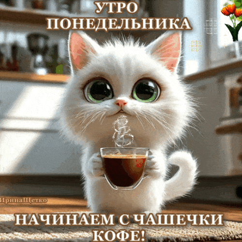 Открытка «С добрым утром»: Доброе утро понедельника с милым котиком и кофе. Тэги: кот, животное, пожелание, отличное…