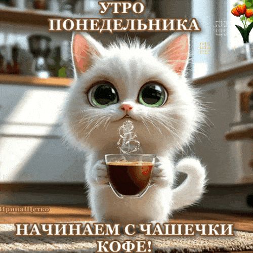 Открытка «С добрым утром»: Доброе утро понедельника с милым котиком и кофе. Тэги: кот, животное, пожелание, отличное…