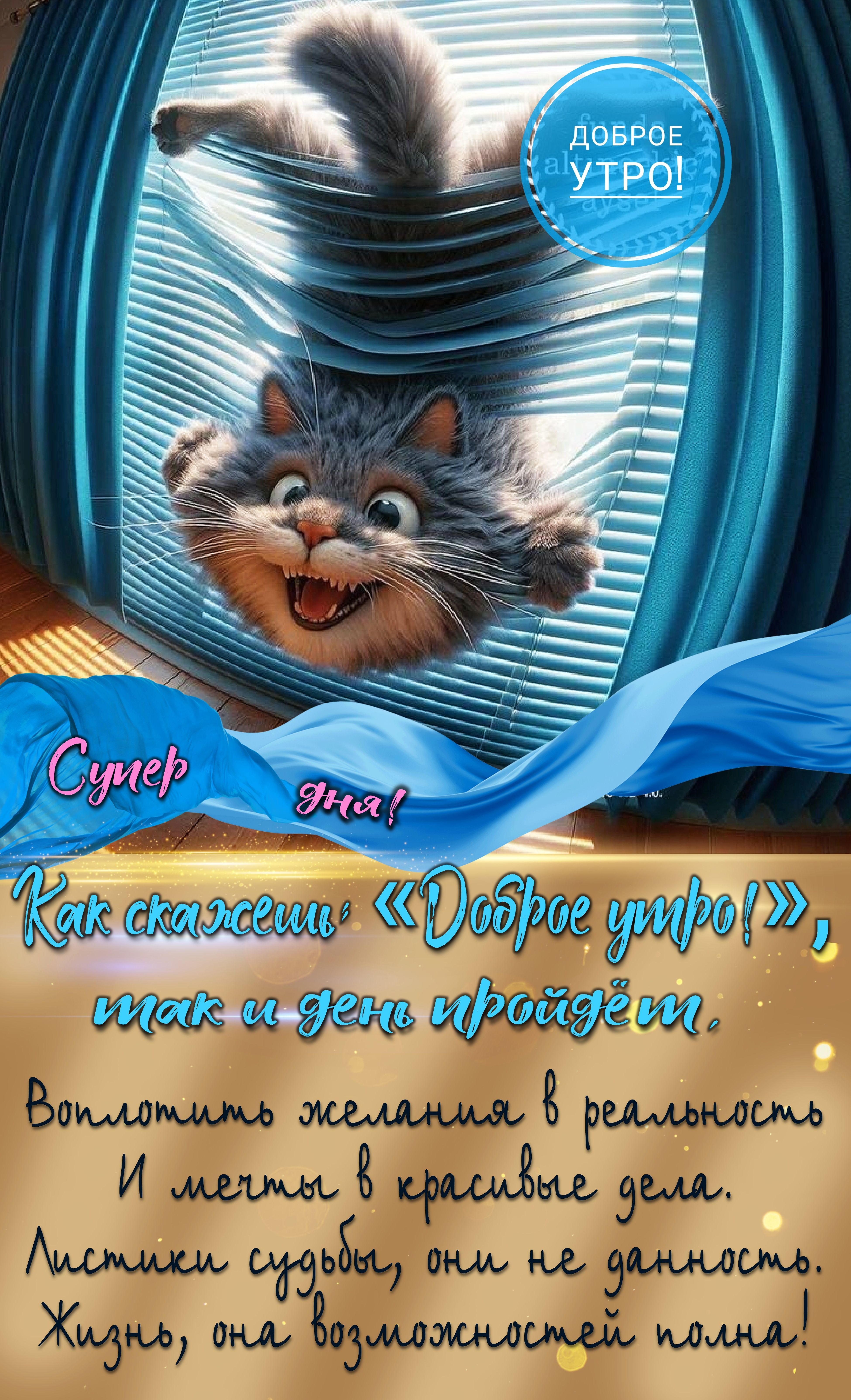 Открытка «С добрым утром»: Доброе утро с котом! Отличного дня и новых возможностей!. Тэги: кот, животное, пожелание…