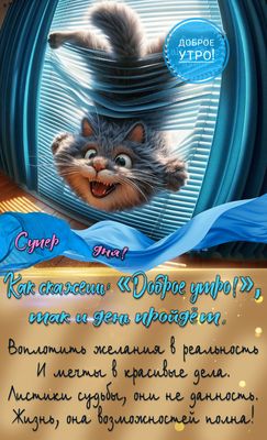 Открытка «С добрым утром»: Доброе утро с котом! Отличного дня и новых возможностей!. Тэги: кот, животное, пожелание…