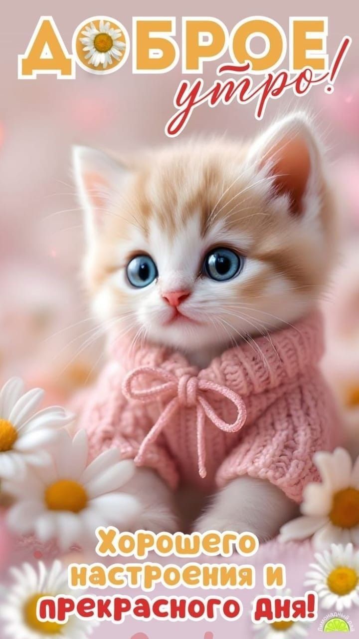 Открытка «С добрым утром»: Доброе утро! Нежный котёнок желает прекрасного дня. Тэги: кот, животное, пожелание, позити…