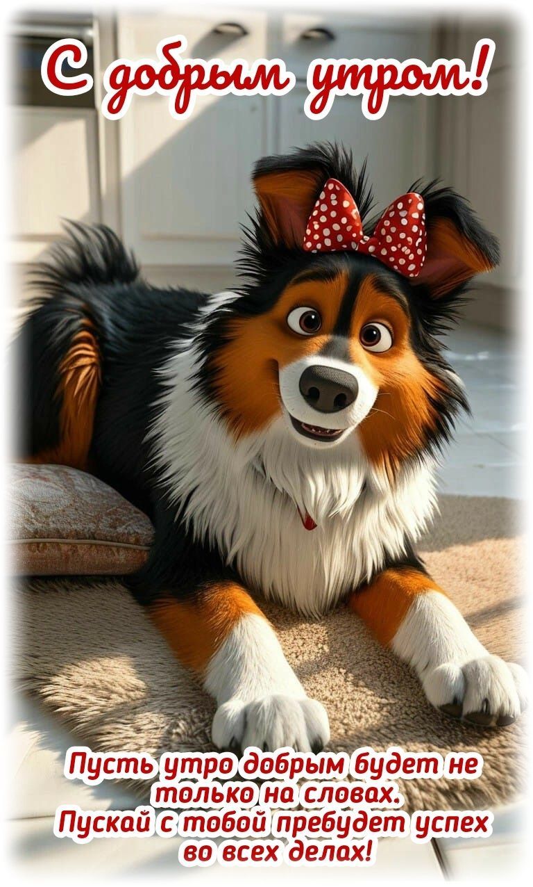 Открытка «С добрым утром»: С добрым утром! Милый пес желает тебе успеха!. Тэги: животное, пожелание, позитивная…