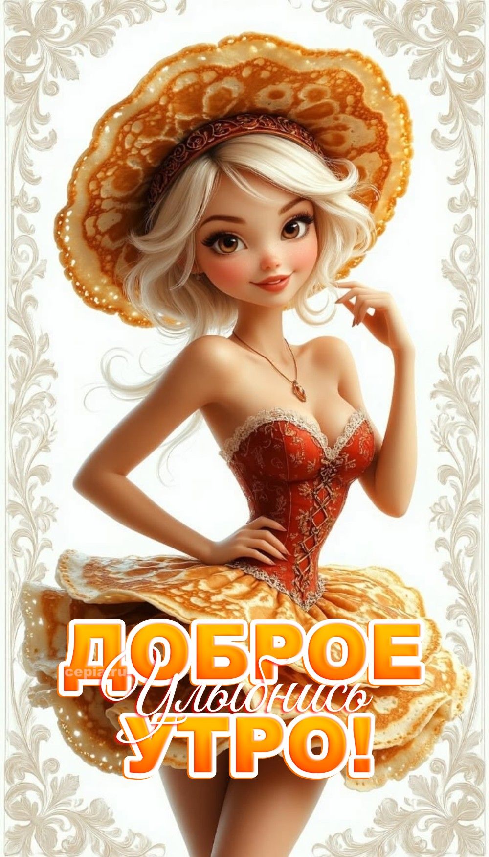 Открытка «С добрым утром»: Доброе утро: улыбнись, блинная красавица!. Тэги: пожелание, позитивная, хорошего дня…