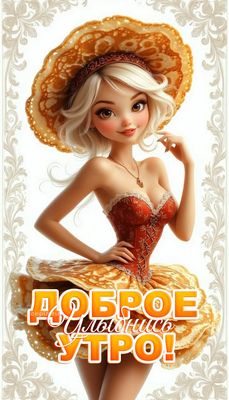 Открытка «С добрым утром»: Доброе утро: улыбнись, блинная красавица!. Тэги: пожелание, позитивная, хорошего дня…