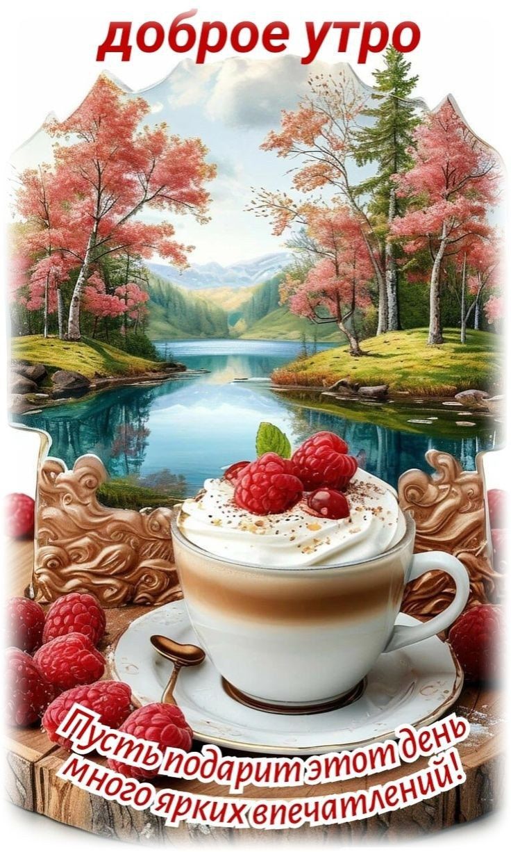 Открытка «С добрым утром»: Яркое утро: кофе, малина и осенний пейзаж. Тэги: пожелание, позитивная, хорошего дня…