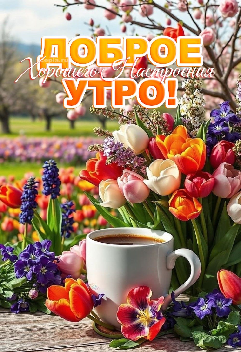 Открытка «С добрым утром»: Яркое доброе утро: кофе и море весенних цветов. Тэги: пожелание, позитивная, отличное наст…
