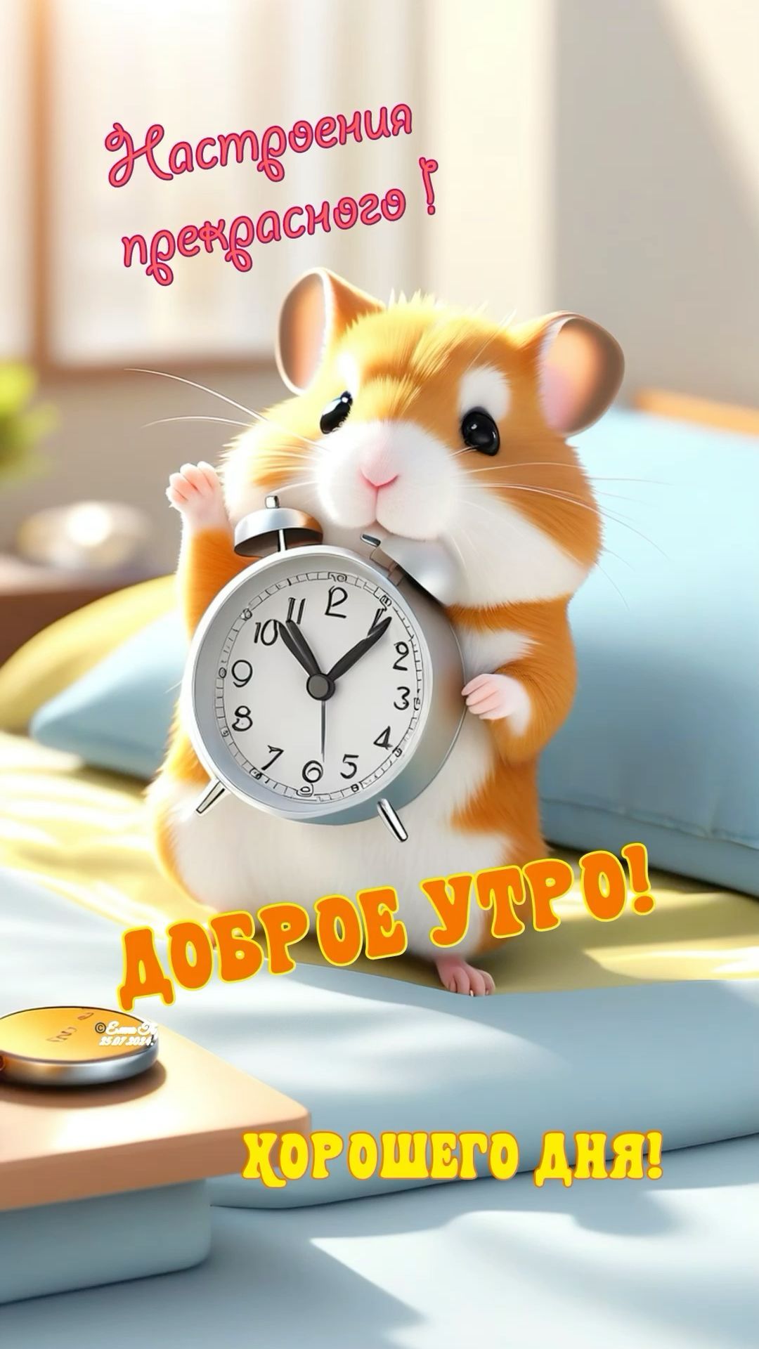 Открытка «С добрым утром»: Доброе утро с милым хомячком и прекрасным настроением!. Тэги: животное, пожелание, позитив…