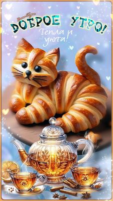 Открытка «С добрым утром»: Доброе утро: Уютный чай и милый кот-круассан. Тэги: кот, пожелание, позитивная, хорошего д…