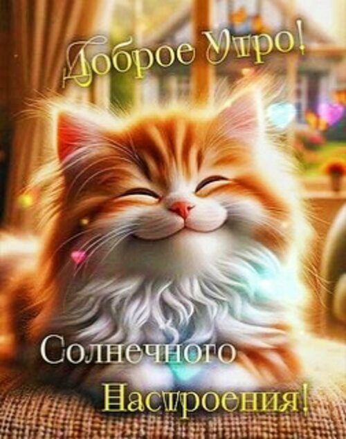 Открытка «С добрым утром»: Доброе утро: улыбающийся котёнок и солнечное настроение. Тэги: кот, животное, пожелание…