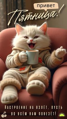 Открытка «С добрым утром»: С добрым утром, Пятница! Уют и настроение на взлёт. Тэги: кот, животное, пожелание, позити…