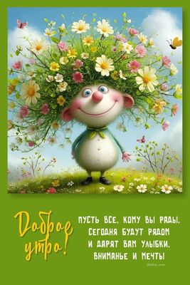 Открытка «С добрым утром»: Цветочный персонаж желает доброго утра и улыбок. Тэги: пожелание, позитивная, отличное нас…