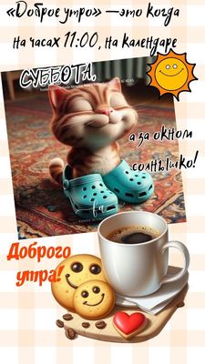 Открытка «С добрым утром»: Субботнее доброе утро: кот, кофе и солнышко!. Тэги: кот, животное, пожелание, позитивная…