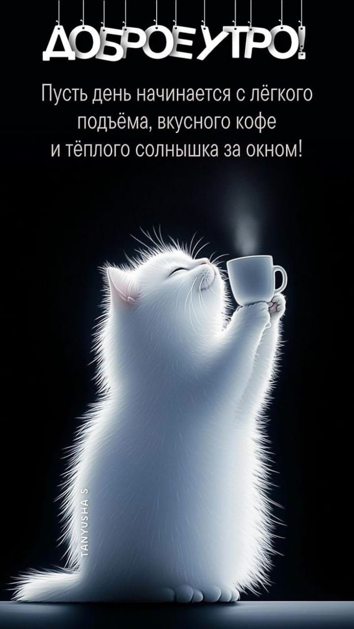 Открытка «С добрым утром»: Нежное доброе утро с пушистым котом и кофе. Тэги: кот, животное, пожелание, позитивная…