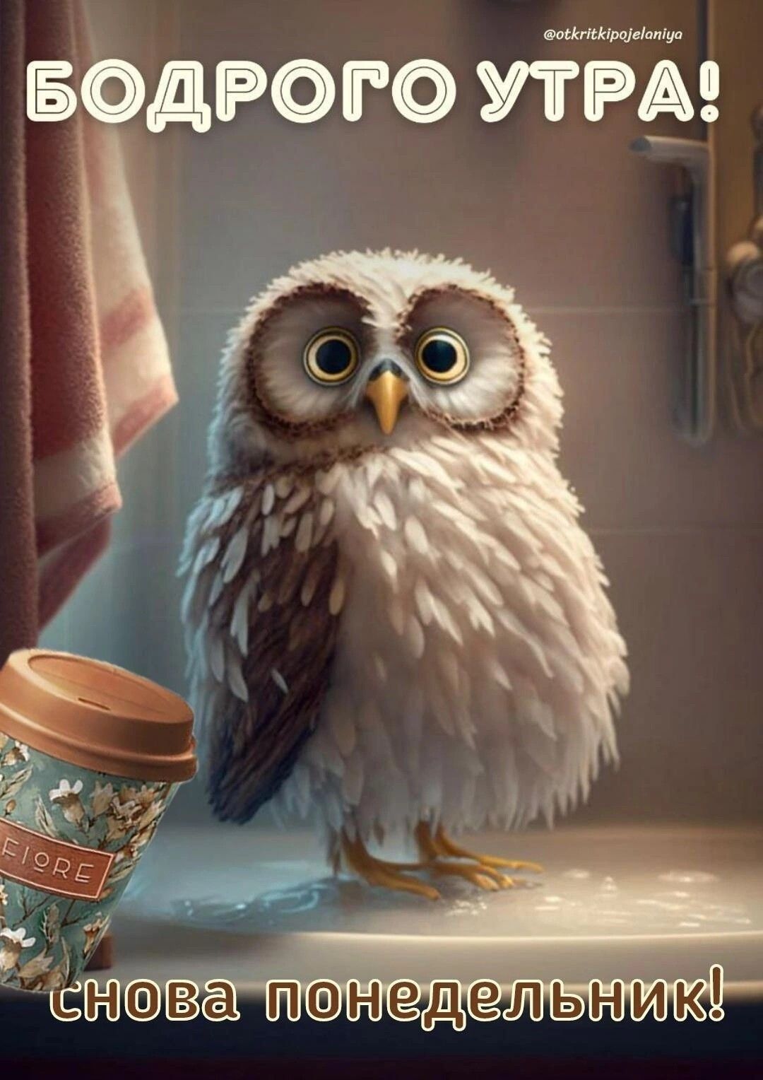 Открытка «С добрым утром»: Бодрого утра! Снова понедельник, но есть кофе и сова. Тэги: животное, пожелание, позитивная…