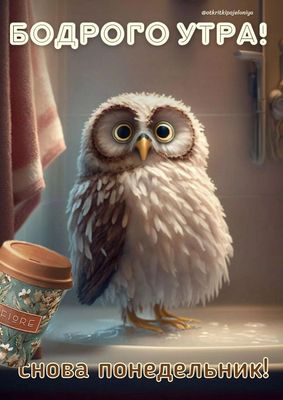 Открытка «С добрым утром»: Бодрого утра! Снова понедельник, но есть кофе и сова. Тэги: животное, пожелание, позитивная…