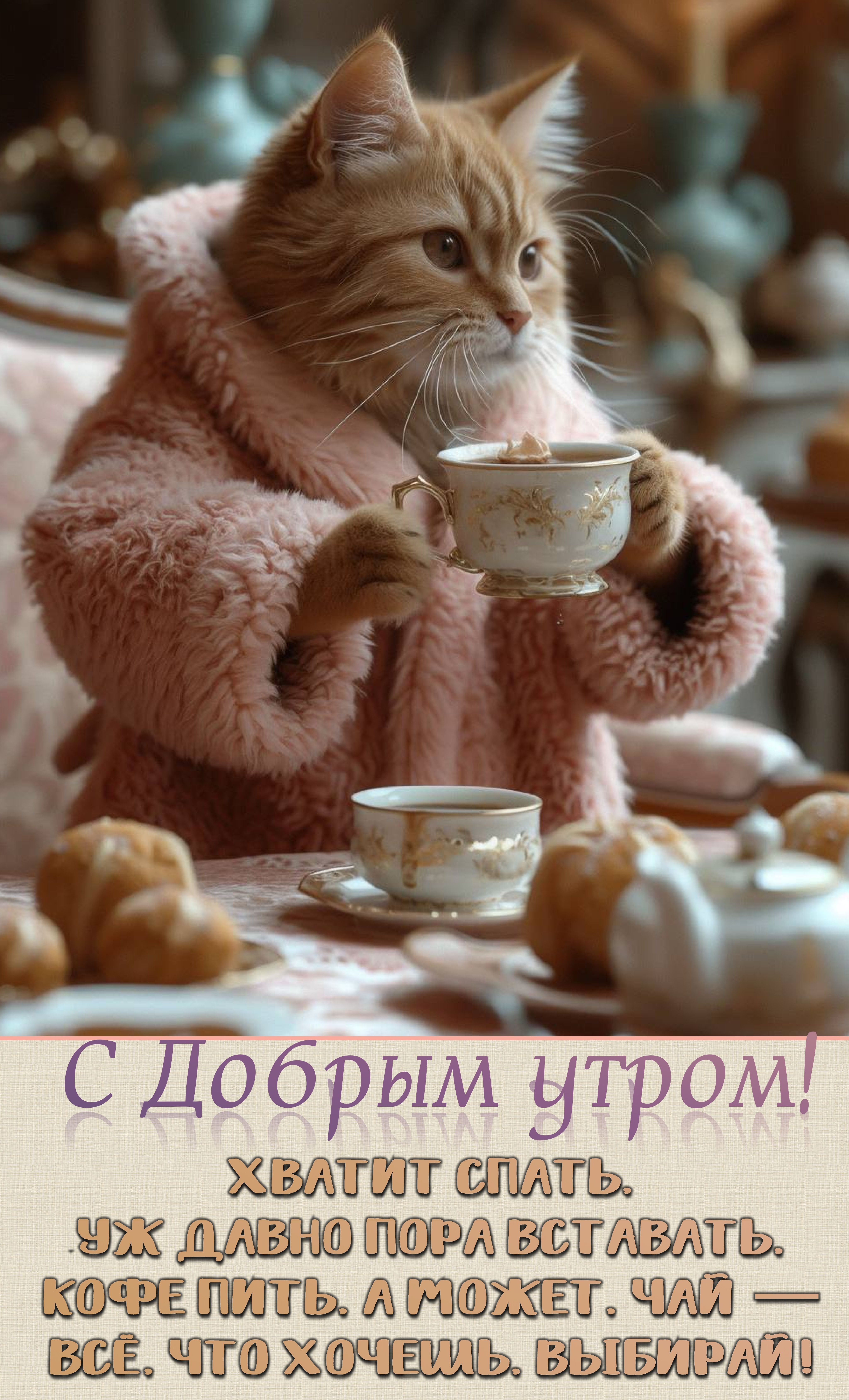 Открытка «С добрым утром»: Кот в халате зовет на кофе: с добрым утром!. Тэги: кот, животное, пожелание, позитивная…