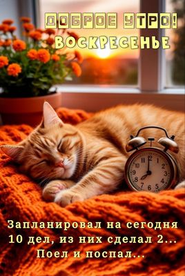 Открытка «С добрым утром»: Воскресный план кота: поесть и поспать!. Тэги: кот, животное, пожелание, позитивная…