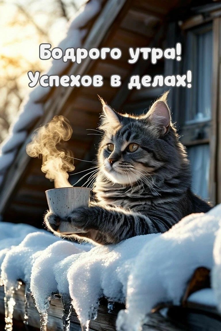 Открытка «С добрым утром»: Бодрого утра и успехов! Зимняя открытка с котом. Тэги: кот, животное, пожелание, позитивная…