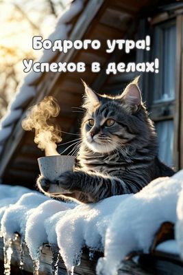 Открытка «С добрым утром»: Бодрого утра и успехов! Зимняя открытка с котом. Тэги: кот, животное, пожелание, позитивная…