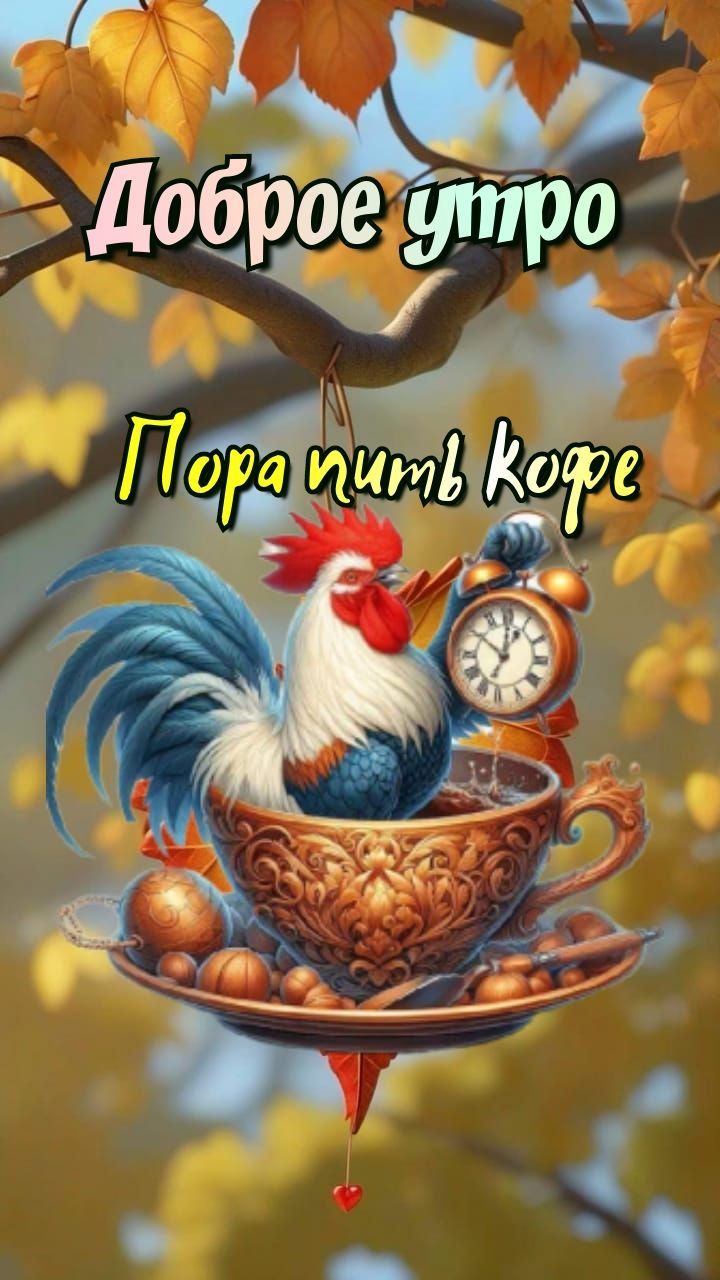 Открытка «С добрым утром»: Позитивное утро с петухом и ароматным кофе. Тэги: животное, пожелание, позитивная, утро…