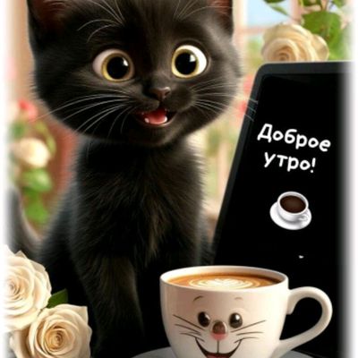 Открытка «С добрым утром»: Доброе утро: милый кот, кофе и нежные розы. Тэги: кот, животное, пожелание, позитивная…