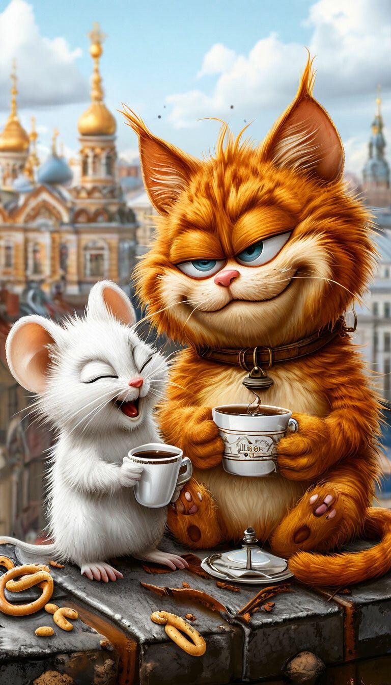 Открытка «С добрым утром»: Доброе утро! Котик и мышка пьют кофе. Тэги: кот, животное, пожелание, позитивная, хорошего…