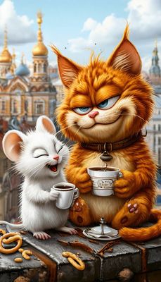 Открытка «С добрым утром»: Доброе утро! Котик и мышка пьют кофе. Тэги: кот, животное, пожелание, позитивная, хорошего…