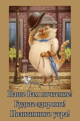 Открытка «С добрым утром»: Позитивного утра! Кот и мышка желают добра!. Тэги: кот, животное, пожелание, позитивная…