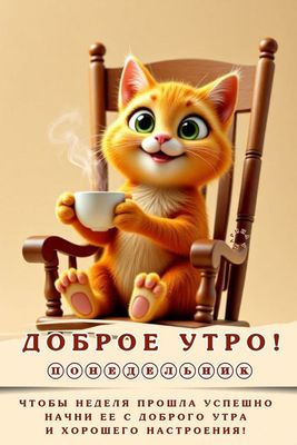 Открытка «С добрым утром»: Доброе утро понедельника с милым котиком и кофе. Тэги: кот, животное, пожелание, позитивная…
