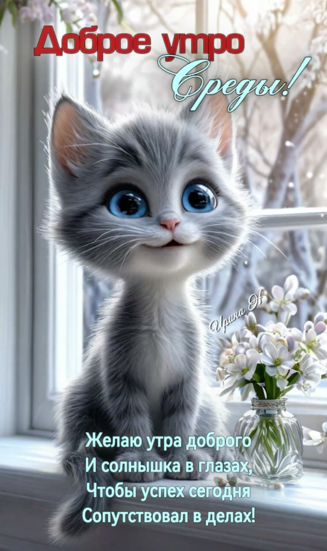Открытка «С добрым утром»: Доброе утро среды с милым котиком. Тэги: кот, животное, пожелание, позитивная, хорошего дня…