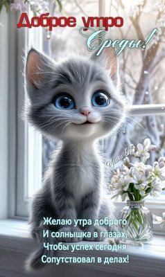 Открытка «С добрым утром»: Доброе утро среды с милым котиком. Тэги: кот, животное, пожелание, позитивная, хорошего дня…