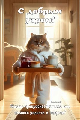 Открытка «С добрым утром»: С добрым утром! Пушистый завтрак от кота. Тэги: кот, животное, пожелание, позитивная…
